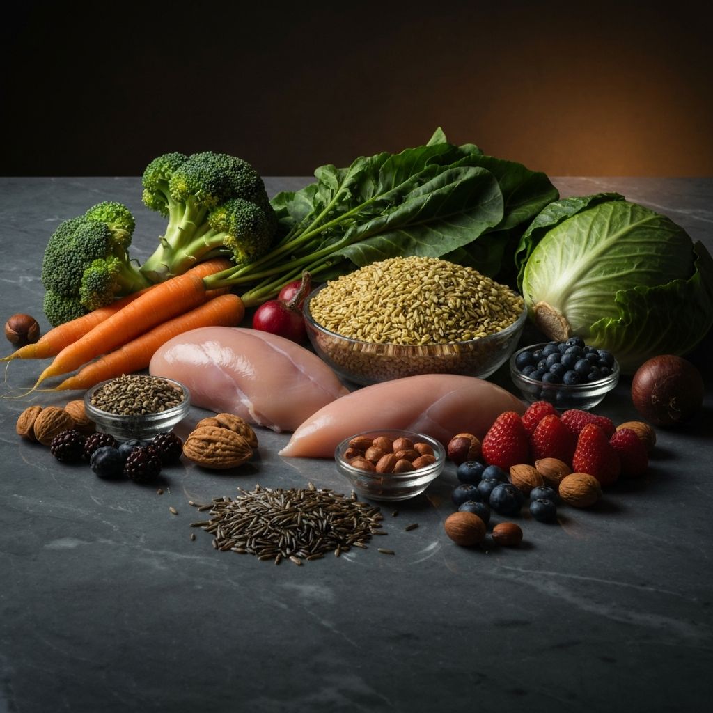 Diverse whole foods representing nutritional balance